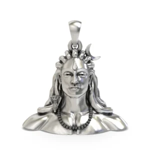Adiyogi Shiva Bust 925 Silver Pendant – Crescent Moon & Snake, Rudraksha Mala Idol Necklace, Handcrafted Hindu Devotional Gift