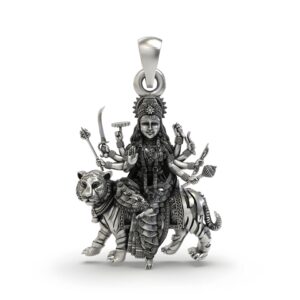 925 Silver Durga Maa Pendant – Tiger Vahana (Simhavahini), Multi-Armed Shakti with Trishul, Antique-Oxidized Handcrafted Temple Jewelry, Navratri Gift