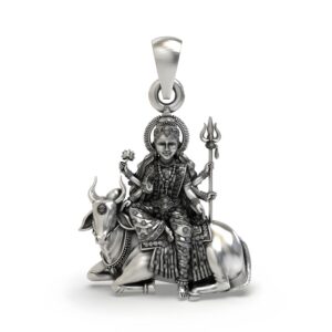 925 Silver Mahagauri Durga Pendant – Navadurga on Bull (Vrishabha Vahana) with Trishul & Lotus, Antique-Oxidized Handcrafted Spiritual Jewelry