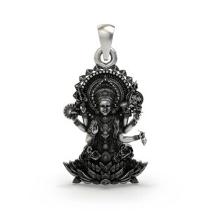 925 Silver Lakshmi Maa Pendant – Multi-Armed Goddess on Lotus with Floral Halo & Blessing Hand, Antique-Oxidized Handcrafted Temple Jewelry