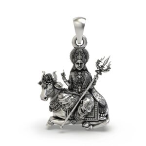 925 Silver Mahagauri Durga Pendant – Vrishabha Vahana (Bull) with Trishul, Antique-Oxidized Handcrafted Temple Jewelry, Navratri Gift