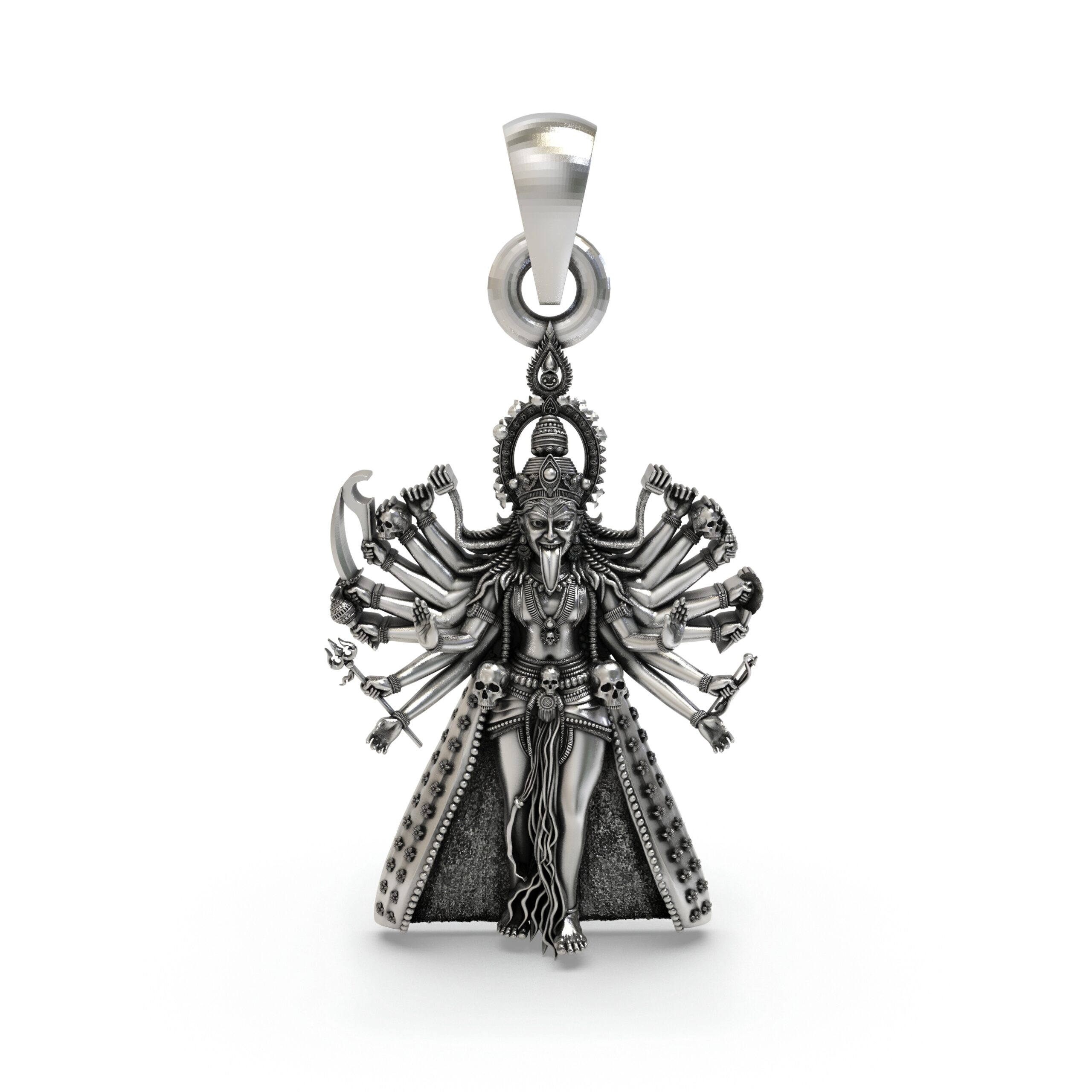 925 Silver Kali Maa Pendant – Mahakali Multi-Armed Idol with Trishul & Skull Garland, Antique-Oxidized Handcrafted Temple Jewelry, Navratri Gift